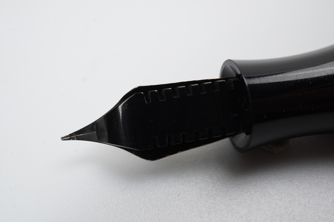 A Montblanc unusual fountain pen with steel nib and nickel trim, marked on 'Montblanc' on barrel, possible wartime model or student pen